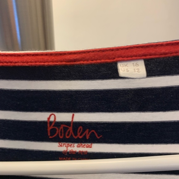 Boden holiday Breton top. Blue w/ white stripe holiday sequins - Picture 3 of 3